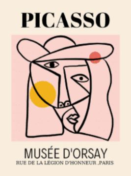 The Picasso Musee Dorsay poster from Blue Dog Posters is a captivating art piece for a Picasso exhibition at Musée d'Orsay in Paris, showcasing a cubist masterpiece featuring abstract human faces with geometric shapes. The text at the top reads "PICASSO," and at the bottom, it says "MUSÉE D'ORSAY, Rue de la Légion d'Honneur, Paris." It is available in the Mini Posters Collection.