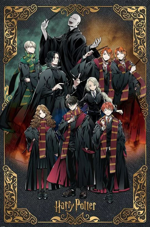 The "Harry Potter Wizard Dynasty (Characters)" by MTV 130 features an intricate anime-styled illustration of characters from Harry Potter. At the top, Voldemort stands menacingly in black robes. Below him are Draco, Snape, and Malfoy. In the forefront are Harry, Hermione, Ron, and the twins. The ornate border frames the artwork beautifully with "Harry Potter" inscribed at the bottom.