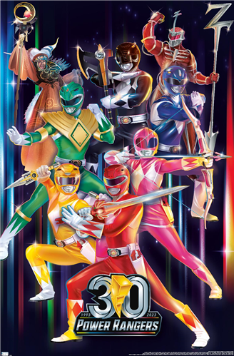 A vibrant TV show poster commemorating the 30th anniversary of Power Rangers highlights an array of Rangers in striking suits—blue, black, pink, yellow, red, green, and white. They are dynamically posed and ready for action beneath the "Power Rangers - 30th" emblem that gleams at the bottom of this large regular poster from MTV 140.