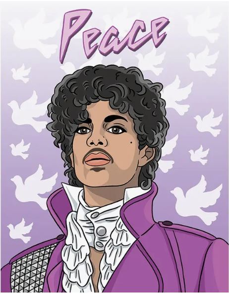 Illustration of a person with curly hair, wearing a white ruffled shirt and a purple jacket reminiscent of Prince Purple Reign. The background features white doves in flight against a gradient purple backdrop. The word "Peace" is written in stylish purple text at the top — perfect as the Blue Dog Posters Prince Peace Blank Card with matching envelope.