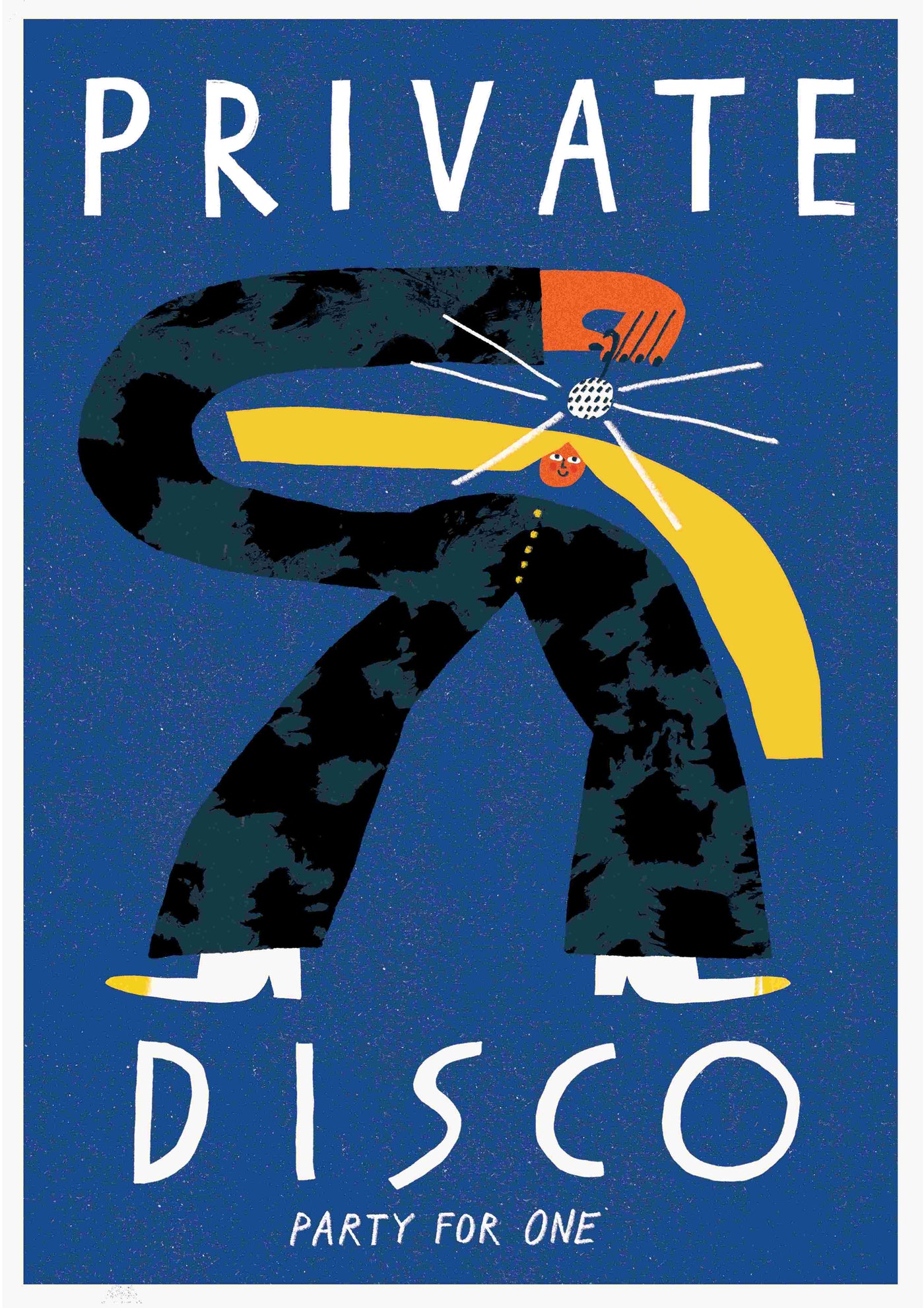 Illustration of a person in a suit disco dancing with a sparkling mic. Text: "PRIVATE DISCO PARTY FOR ONE" on blue. Art print: Private Disco by Dani Stacey. Brand: Blue Dog Posters.