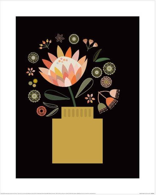 The Lyndy Hants (Protea in Vase) art print by GAL257 showcases stylized geometric flowers in pink, green, and orange with circular and triangular patterns in a brown vase against a black background, enhancing your home decor.