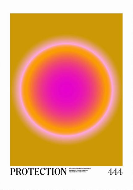 A vibrant, abstract image from fap’s "Protection by Tiger Spirit" features a glowing, multicolored circular gradient that transitions from an intense pink center to orange and yellow outwardly. The words "PROTECTION" and the number "444" are displayed at the bottom against a white background.