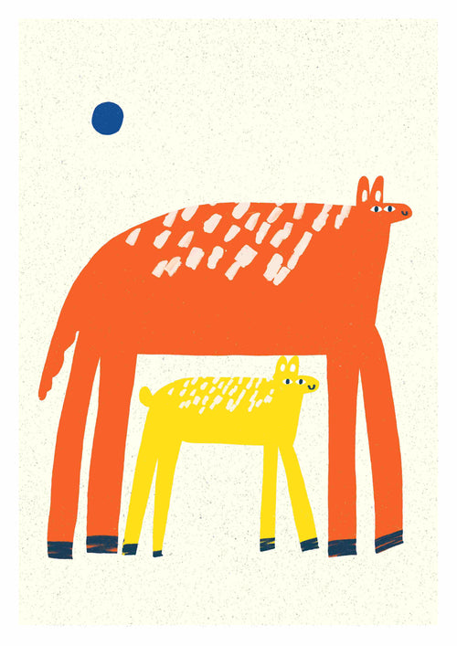 Protection by Dani Stacey from Blue Dog Posters features a large orange animal with white spots and a smaller yellow one, both with long legs, standing side by side under a blue circle on an off-white textured background.
