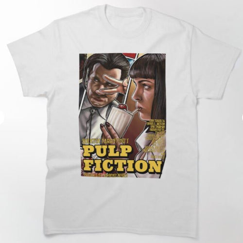 The Pulp Fiction T-Shirt White LGE by Blue Dog Posters showcases a vivid print of two characters from the iconic movie "Pulp Fiction." One character is depicted holding a briefcase and making a peace sign, while the other holds a drink. The bold yellow text "PULP FICTION" prominently adorns the design, celebrating the artwork of Nickdancytattoo.