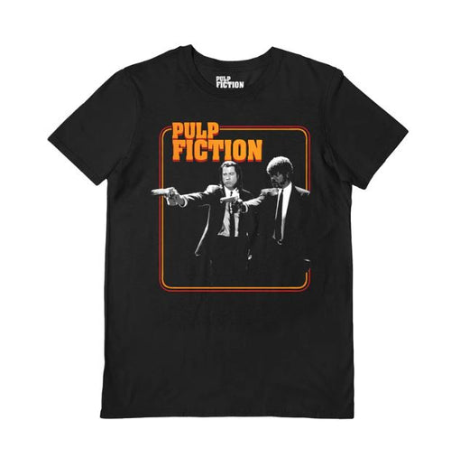 The Pulp Fiction Guns T-Shirt Blk MED by Blue Dog Posters showcases two men in suits pointing guns, with "Pulp Fiction" boldly printed in orange at the top and framed by a thin orange border. This officially licensed T-shirt perfectly captures an iconic moment from the movie.