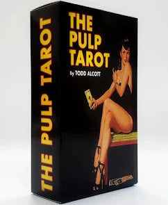 A black box with bold yellow text reading "The Pulp Tarot Cards" by Blue Dog Posters, featuring vintage-style art of a woman in heels and lingerie holding a card while seated on a bench.