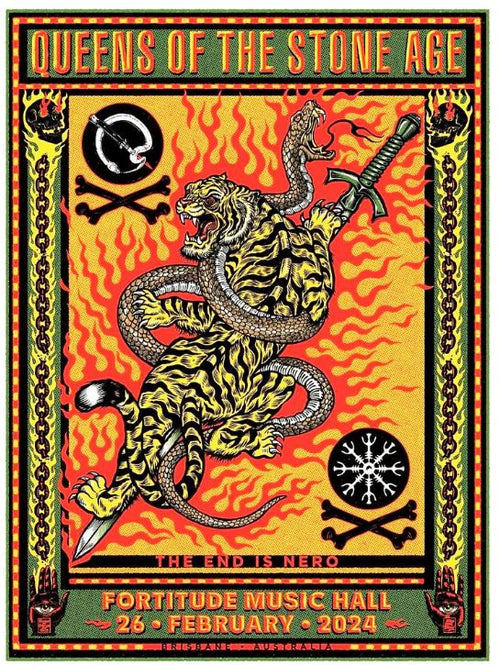 Introducing the Queens of the Stone Age Brisbane limited edition print by Blue Dog Posters. Crafted for their concert at Fortitude Music Hall on February 26, 2024, this vibrant piece by Ben Brown showcases a striking tiger entwined with a snake holding a dagger, all set against an intense, fiery background. The phrase "THE END IS NERO" is boldly displayed, making it a must-have for fans and collectors alike.