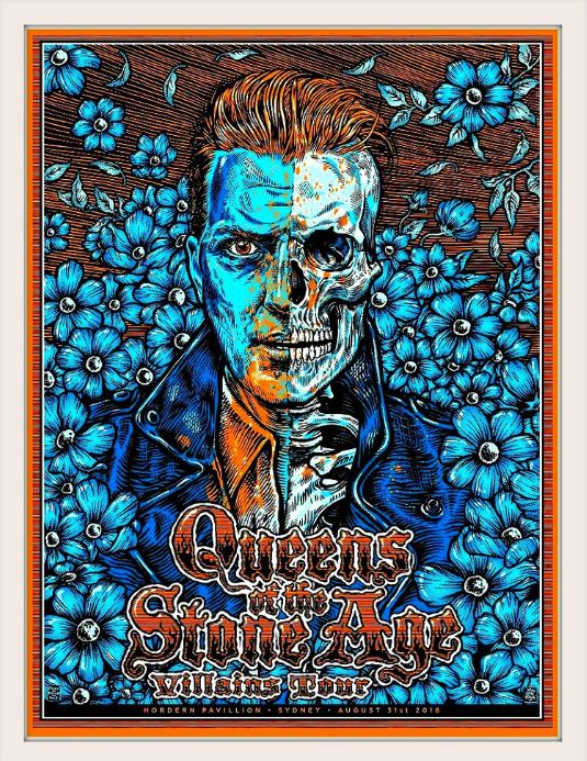 Limited Edition Print: Presenting "Queens of the Stone Age Joshua" by Blue Dog Posters. This illustrated poster showcases a half-human, half-skeleton figure encircled by blue flowers, featuring concert details for the Hordern Pavilion in Sydney on August 31, 2018. Its vibrant and detailed design makes it an ideal addition to any Tour Prints Collection.