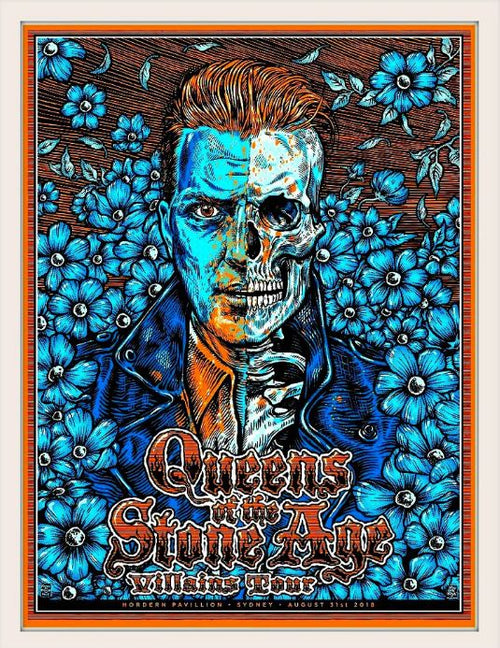Limited Edition Print: Presenting "Queens of the Stone Age Joshua" by Blue Dog Posters. This illustrated poster showcases a half-human, half-skeleton figure encircled by blue flowers, featuring concert details for the Hordern Pavilion in Sydney on August 31, 2018. Its vibrant and detailed design makes it an ideal addition to any Tour Prints Collection.