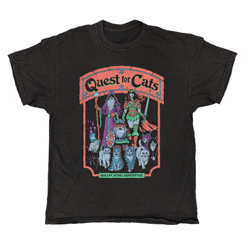 Show your love for cats and fantasy with the Blue Dog Posters Quest For Cats Vintage Look T-Shirt—black, available in S/M/L—with a colorful design of feline characters and "Quest for Cats: Roleplaying Adventure" text.