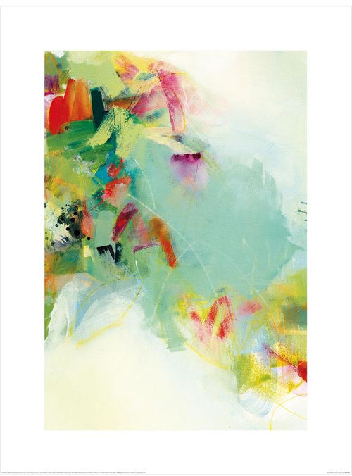 A striking abstract art print titled "Quiet Place" by Claire Chandler, available from Blue Dog Posters, showcases vibrant colors such as green, red, and yellow. It features swirling and overlapping shapes that convey a dynamic sense of motion. This piece is part of the Decor Series Collection and is printed on premium quality 200gsm Matte Art Paper to enhance its vivid details and forms.