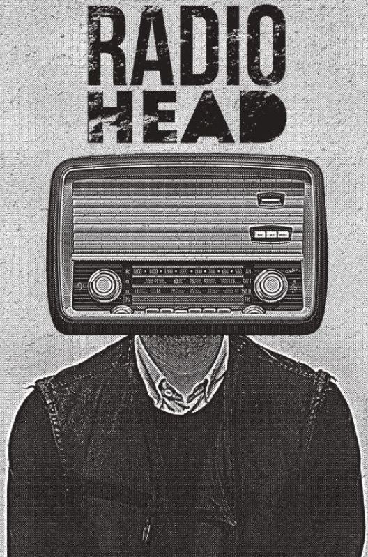 The MUS 303 "Radiohead Radio" Music Poster shows a figure in a collared shirt and jacket with a vintage radio head. Bold “RADIOHEAD” stands above the textured, grayscale art, all printed on striking Premium Gloss Paper.