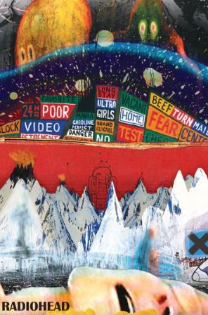 The Radiohead Albums poster from MUS 297 is a vibrant, collage-style design with mountains, warning signs, and cartoon alien faces. "POOR," "VIDEO," and "RADIOHEAD" text appears at the bottom left—an eye-catching addition to any music collection.