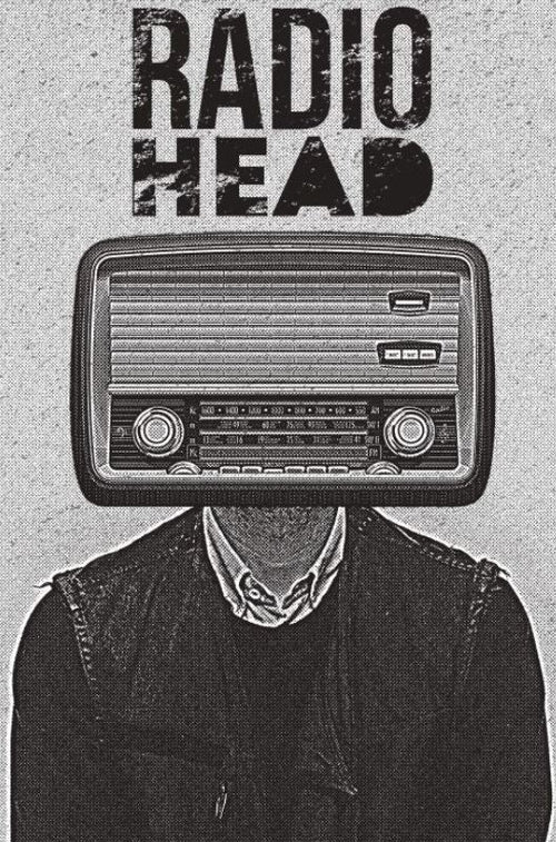 The MUS 303 "Radiohead Radio" Music Poster shows a figure in a collared shirt and jacket with a vintage radio head. Bold “RADIOHEAD” stands above the textured, grayscale art, all printed on striking Premium Gloss Paper.