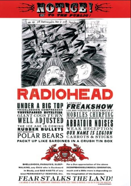 The Radiohead - Fear Stalks the Land poster by MUS features a vintage-style design with distorted text and artwork. The text includes various phrases, tour names, and song titles. At the top, it displays "NOTICE! TO THE PUBLIC," with "RADIOHEAD" prominently featured in the center. The design predominantly uses red, black, and white colors.