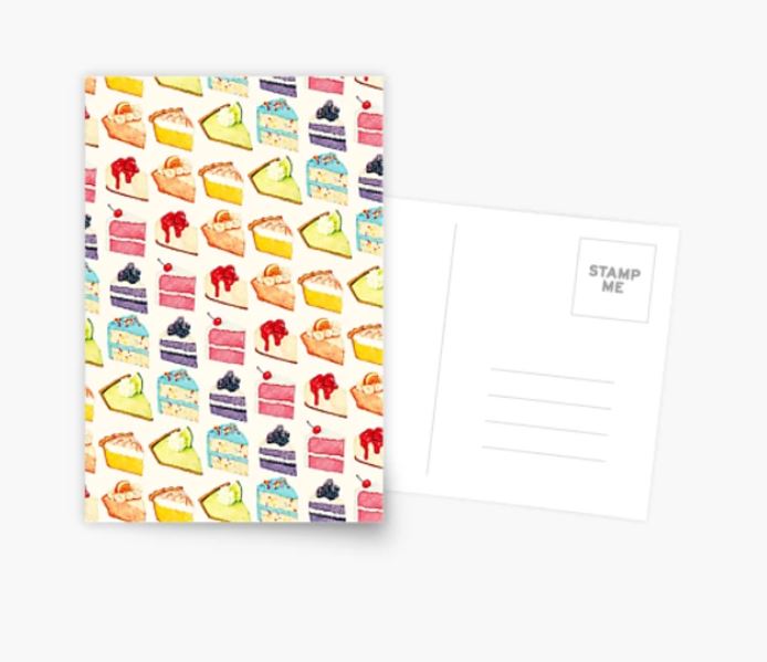 Product from 'Blue Dog Posters' called the 'Rainbow Cakes and Pies Postcard,' showcases a vibrant array of pie and cake slices, such as berry pie, cherry pie, lemon pie, key lime pie, chocolate cake, and various other cakes. Perfect for enhancing your postcard collection, the back of this postcard is blank with designated spaces for a stamp and mailing address.