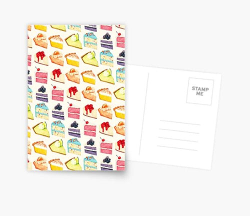 Product from 'Blue Dog Posters' called the 'Rainbow Cakes and Pies Postcard,' showcases a vibrant array of pie and cake slices, such as berry pie, cherry pie, lemon pie, key lime pie, chocolate cake, and various other cakes. Perfect for enhancing your postcard collection, the back of this postcard is blank with designated spaces for a stamp and mailing address.