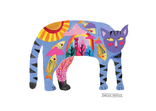 The "Rainbow Cat" by Helen Nehill, part of the Featured Artists Collection from Blue Dog Posters, showcases a blue cat embellished with a whimsical landscape featuring a sun, clouds, fish, a castle, and vibrant coral reefs. The surreal art print highlights pink cheeks and striped legs.