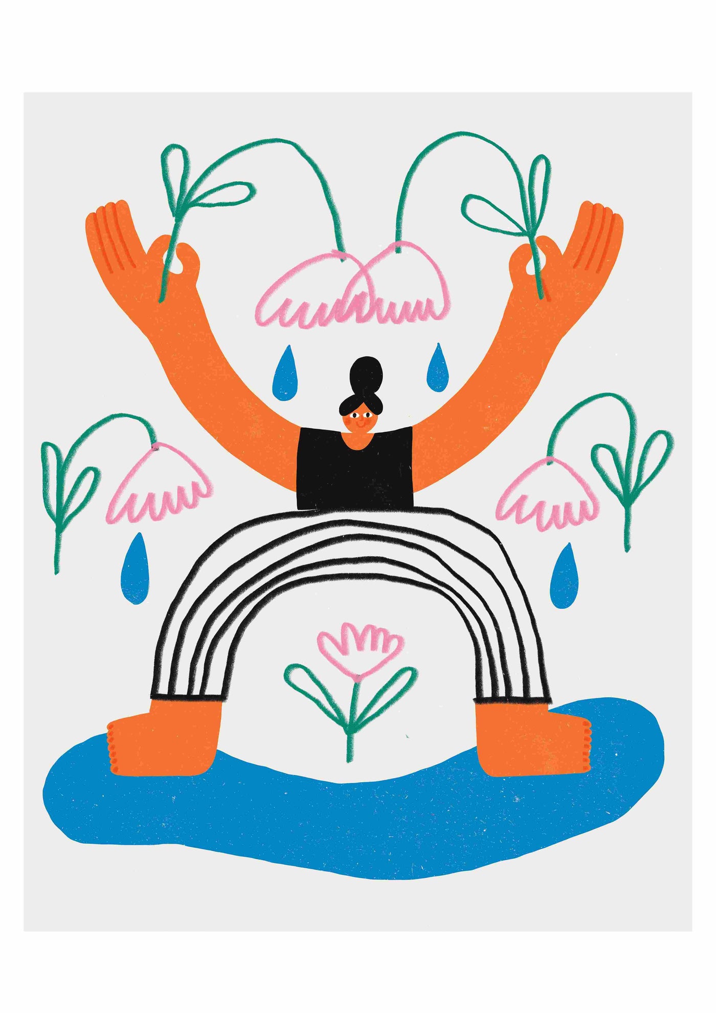 “Rainy Days” by Dani Stacey from Blue Dog Posters shows a person standing barefoot on a blue shape, arms raised with drooping pink flowers and striped pants amid water droplets and small blooms, printed on premium quality paper.