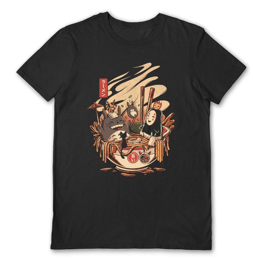The Ramen Pool Party Black T-Shirt from Blue Dog Posters features a whimsical and nostalgic design of popular animated characters enjoying a large bowl of ramen. Surrounding the central image are Japanese text, a red lantern, and other detailed elements that complete this charming small-sized black t-shirt.