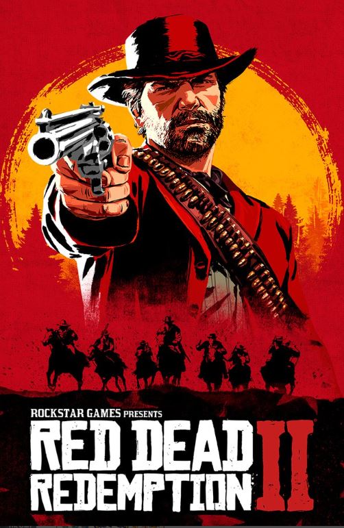 A stylized gaming poster from GAM 020 showcases a rugged man in a cowboy hat aiming a revolver intently. Below, "Rockstar Games Presents Red Dead Redemption II" is printed on luxury 150gsm gloss paper, with rider silhouettes highlighted against a striking red and yellow background.