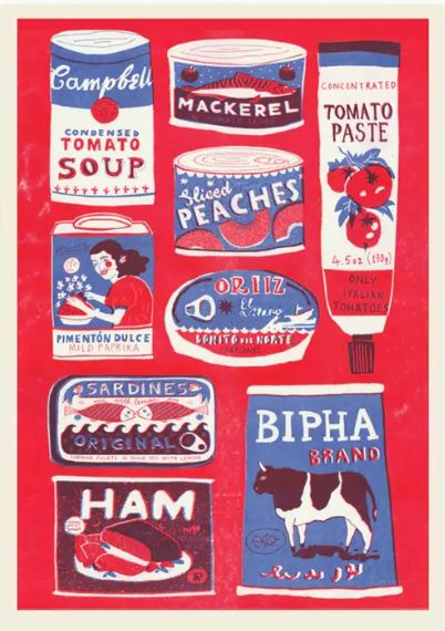 Introducing the "Red Tins Riso Print" by Printed Peanut, available from Blue Dog Posters. This vibrant risograph print features an array of vintage food cans and packages, such as Campbell's condensed tomato soup, mackerel, sliced peaches, tomato paste, pimentón dulce, rice, sardines, ham, and a Bipha brand milk carton. Printed with eco-friendly inks on recycled white card against a predominantly red background.