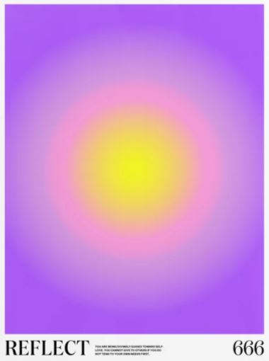 Reflect by Tiger Spirit from the fap brand is a stunning digital artwork featuring a gradient background that transitions from yellow at the center to pink and then purple at the edges. Beneath the image, 'REFLECT' and '666' are elegantly inscribed in black text on a white bar, creating a striking art print.