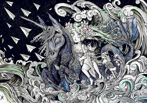 An art print titled "Return to Sender" by MadDog Ink, available as part of the Featured Artists Collection by fap, depicts a young boy and a mystical figure with flowing hair and flowers riding a dark, starry unicorn through turbulent wave-like patterns. The background showcases geometric shapes resembling paper planes against a night sky full of stars.