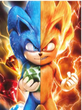 An image from Legends of the Rings by Blue Dog Posters shows Sonic the Hedgehog split into two versions: the left side features Sonic in his classic blue form holding a green Chaos Emerald, while the right side depicts Sonic in a yellow, electrified form with a determined expression, surrounded by yellow and red lightning. Perfect for A3 posters or mini posters!