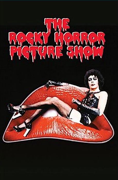 A person dressed in a black corset, fishnet stockings, and high heels lounges on a giant pair of red lips. The text "The Rocky Horror Picture Show" is displayed in bold red letters with a dripping effect at the top of the image. This iconic cult movie poster is printed on premium 150gsm gloss paper against a black background. The product name, The Rocky Horror Picture Show, by brand MTV 280 adds an extra touch of uniqueness to this classic design.