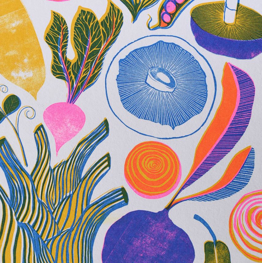 The Roots Fruits & Shoots A4 Riso Print by Printer Johnson for Blue Dog Posters features mushrooms, radishes, leafy greens, and abstract shapes in bold blue, pink, yellow, and orange hues on a white backdrop.