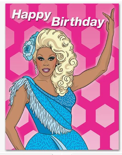 A vibrant illustration of a glamorous figure with wavy blonde hair, adorned in a blue dress featuring fringe accents and a coordinating blue flower in their hair. Striking a confident pose against a pink honeycomb-patterned backdrop, this RuPaul Drag Queen Birthday Card by Blue Dog Posters includes a matching envelope. The finishing touch is the "Happy Birthday" text at the top.