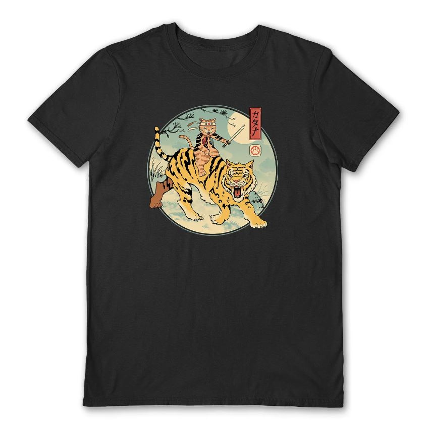 The Sabretooth Catana Black T-Shirt in small, from Blue Dog Posters, features an illustration of a cat in samurai armor riding a tiger at the center. The background showcases a circular design with traditional Japanese elements, while Japanese characters are placed to the right of the illustration.
