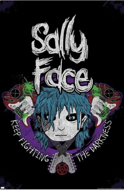 Illustration of Sally Face with blue hair, surrounded by guitars and a pentagram on a dark grunge-style background. Features "Sally Face" and "Keep fighting the darkness." Unique gaming wall art from GAM.