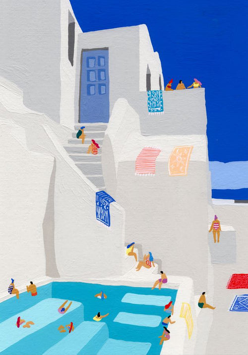 Santorini Sun by Helo Birdie from GAL133 is a vibrant art print of a Mediterranean scene with white buildings, blue doors, and people relaxing by the pool. Towels hang over balconies against a deep blue sky, enhancing the colorful details of this Featured Artist's piece.