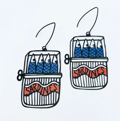 Illustration of two Blue Dog Posters' Denz Sardine Tin Earrings, featuring opened sardine cans with simple fish illustrations inside. Each can has "Sardines" on a red banner and a metal key for opening.