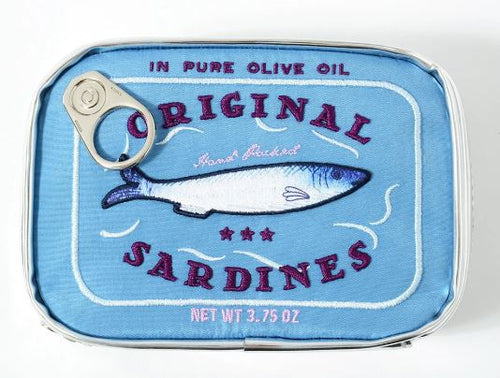 The Sardine Tin Bag Blue by Blue Dog Posters showcases intricate embroidery artwork resembling a sardine tin labeled "Original Sardines" with the texts "Hand Packed" and "In Pure Olive Oil." This stylish design features a fish illustration at the center and includes a faux pull-tab on the top left, making it perfect for adorning PU leather bags or small storage bags.