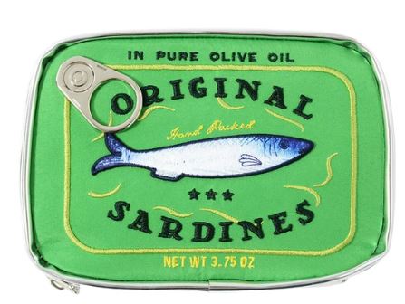 A Blue Dog Posters green Sardine Tin Bag with a metal pull tab is pictured. The label reads "Original Sardines" in large black letters, features a fish illustration in the middle, and additional text "In Pure Olive Oil," "Hand Packed," and "NET WT 3.75 OZ.