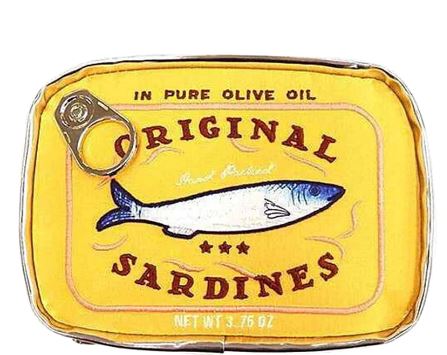 The "Sardine Tin Bag Yellow" from Blue Dog Posters is a vibrant yellow bag featuring the words "Original Sardines" and an illustration of a blue and white fish. The text "In pure olive oil" is displayed at the top, with "Net Wt 3.76 oz" at the bottom. A pull-tab on the top left adds to its quirky charm, making it an ideal small storage bag.
