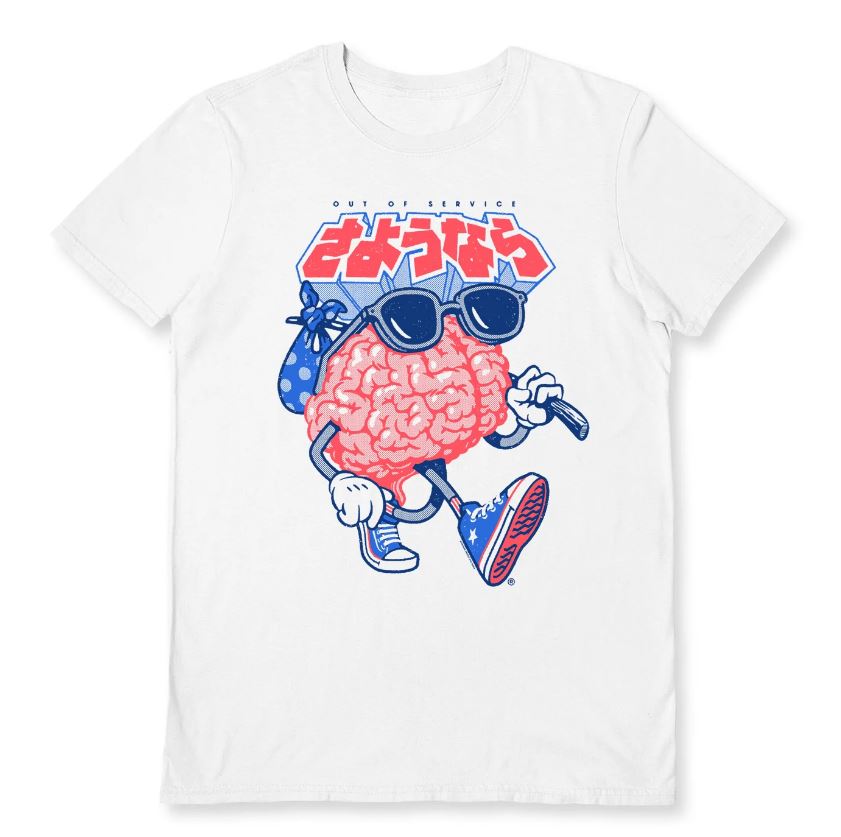 The Vo Maria (Sayonara) White T-Shirt by Blue Dog Posters, in size Small, features an illustrated cartoon brain character sporting sunglasses, sneakers, and a hat. The character carries a polka-dot bag on a stick and walks with a cane. Above it are texts in English and Japanese saying "Out of Service.