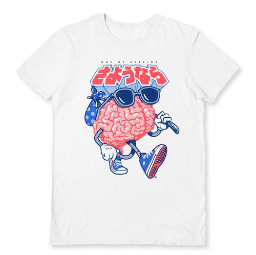 The Vo Maria (Sayonara) White T-Shirt XL by Blue Dog Posters features a cartoon brain character wearing sunglasses, sneakers, and holding a cane. The brain is depicted walking with a knapsack over its shoulder. Above the character, Japanese text in red and white reads "さようなら" and below it says "Out of Service.