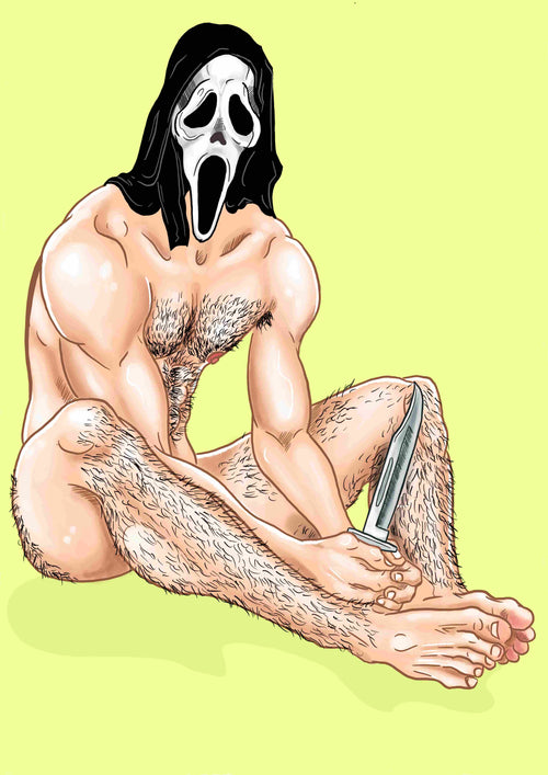 A muscular, body-haired person sits nude against a yellow backdrop, wearing a ghost mask resembling "Scream" and holding a knife on their leg. This scene is part of "Scream Dream by Miles Illustrated," from Blue Dog Posters.
