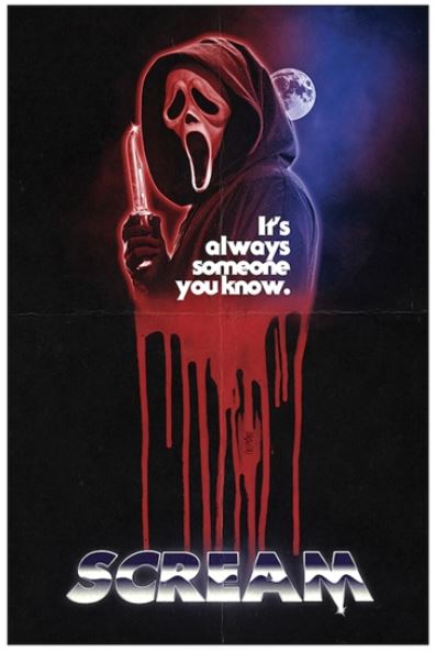 The Scream Horror Movie Poster by MTV 089 presents a hooded figure with a ghostly mask and knife before a full moon, with the words "It's always someone you know." Part of our Movies & TV Collection, it is printed on premium 150gsm gloss paper.