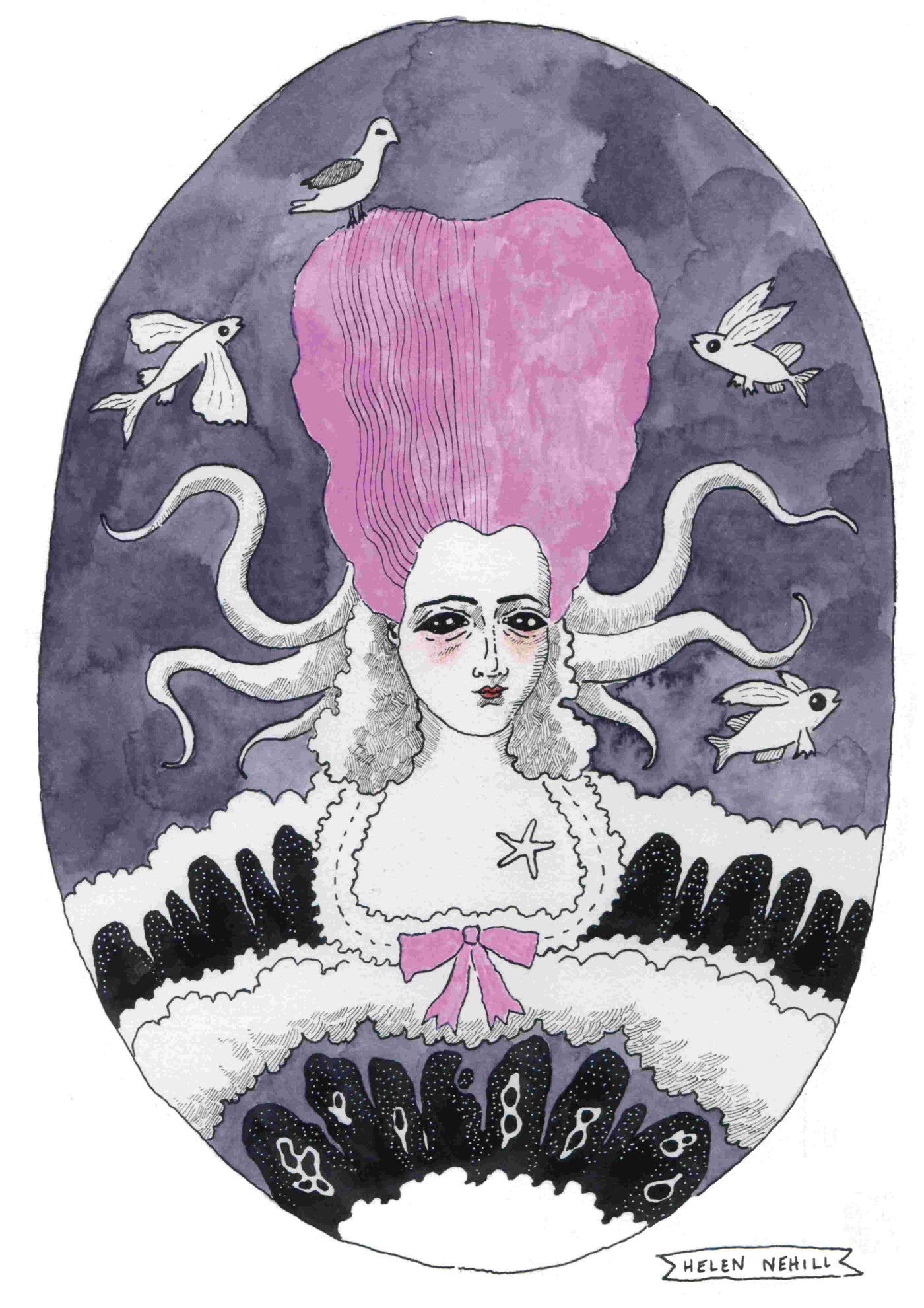 An illustration titled "Sea Maiden by Helen Nehill Art" from Blue Dog Posters features a woman with a tall pink hairstyle that extends into multiple long, wavy tendrils. Surrounded by flying birds and fish, she wears a detailed, ruffled dress against a dark, textured oval background. "Helen Nahill" is signed in the bottom right corner.