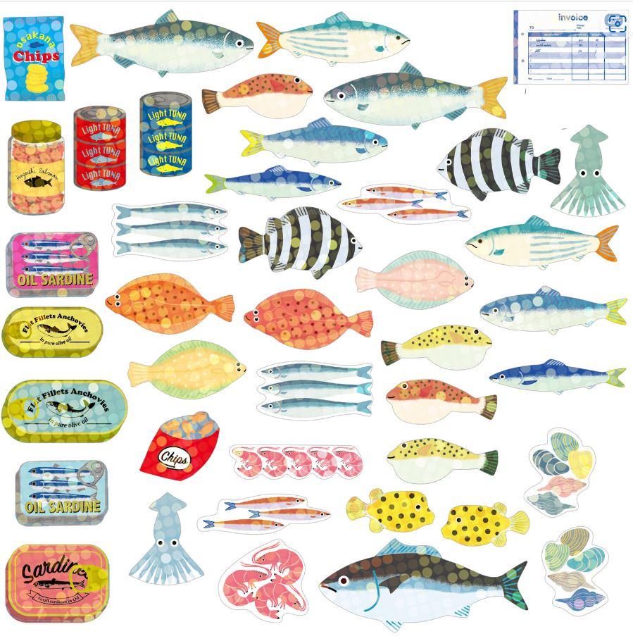 The Japanese Mini Sticker Box Seafood by Blue Dog Posters features colorful illustrated fish, squid, shrimp, sea shells, canned seafood, a chips container, and a small invoice on a white background.