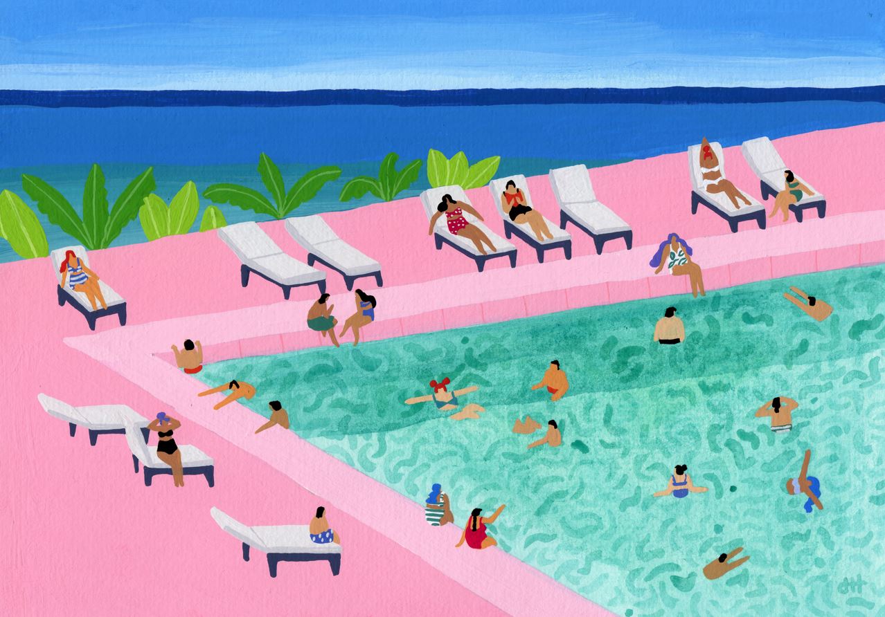 The art print "Seaview" by Helo Birdie (Brand: GAL141) depicts a tropical pool scene with people swimming in a turquoise pool, surrounded by a pink deck and loungers. Green plants and the ocean appear under a blue sky.