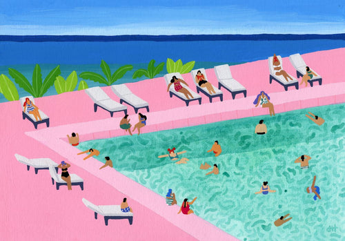 The art print "Seaview" by Helo Birdie (Brand: GAL141) depicts a tropical pool scene with people swimming in a turquoise pool, surrounded by a pink deck and loungers. Green plants and the ocean appear under a blue sky.