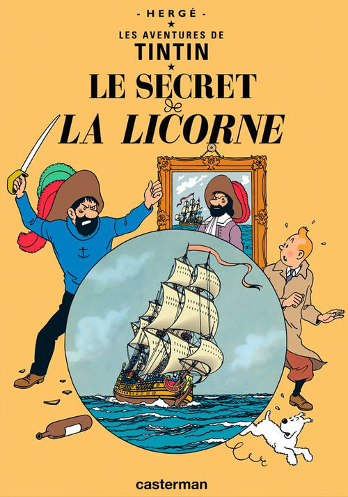 The Aventures de Tintin Secret de la Licorne poster by Blue Dog Posters features Tintin, Snowy, and Captain Haddock with a sword by a ship at sea and a man in a plumed hat. Printed on 250gsm Satin Paper—ideal for A3 poster collectors.