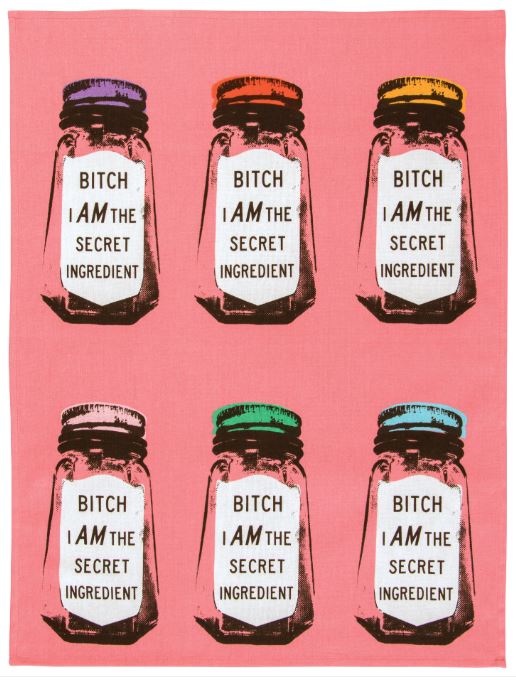 A pink backdrop showcases six identical images of the "Secret Ingredient Dish Towel" from Blue Dog Posters, each emblazoned with the phrase "BITCH I AM THE SECRET INGREDIENT." This exclusive homewares collection towel, perfect for adding a splash of color to your kitchen, features lids in a rainbow of hues: purple, red, yellow, green, blue, and orange.
